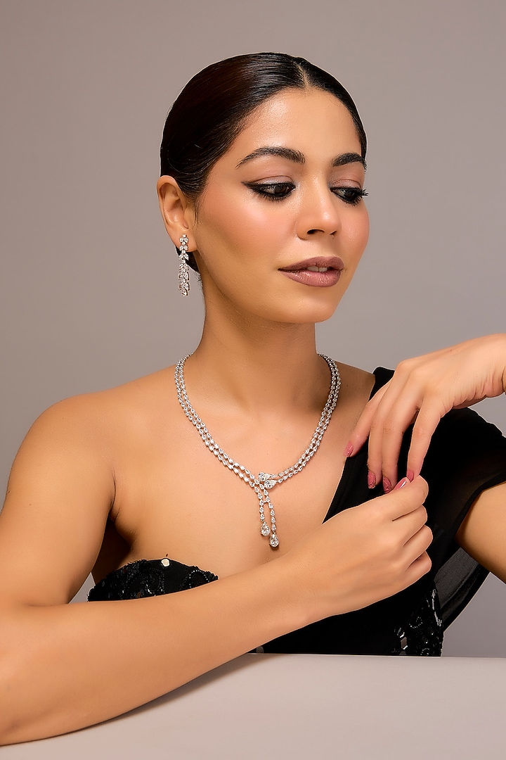 White Finish Zircon Necklace Set In Sterling Silver by STELLA CREATIONS at Pernia's Pop Up Shop