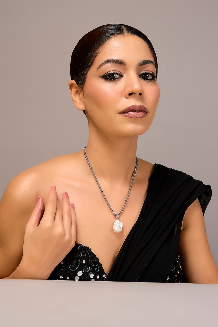 White Finish Pearl Long Necklace In Sterling Silver by STELLA CREATIONS at Pernia's Pop Up Shop