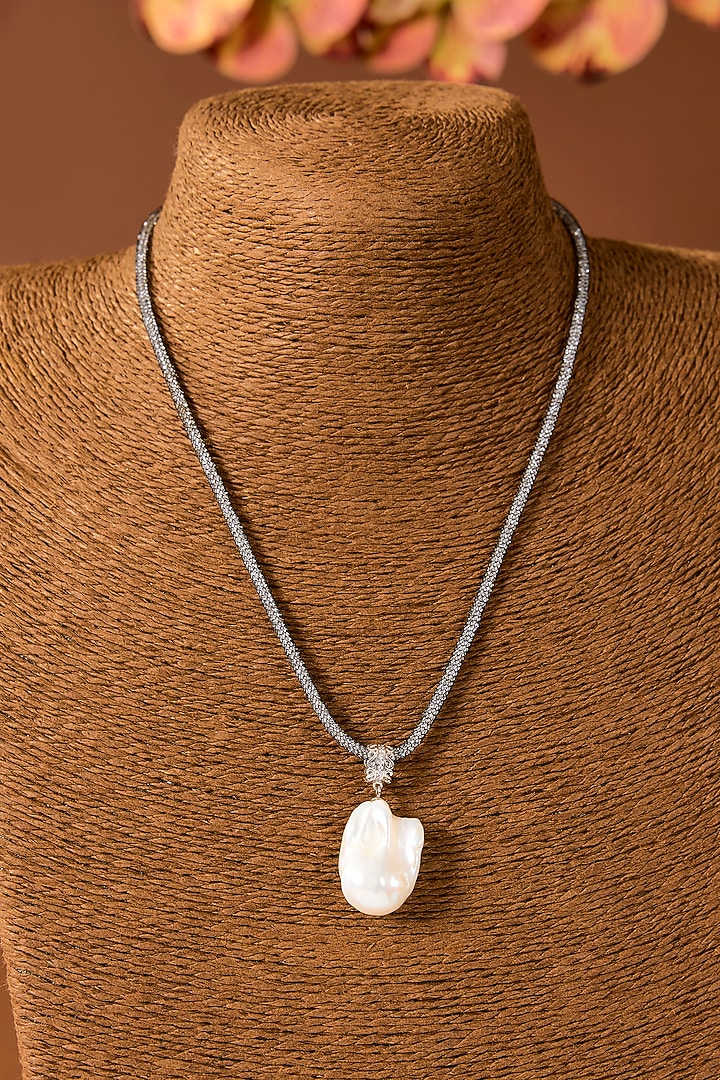 White Finish Pearl Long Necklace In Sterling Silver by STELLA CREATIONS at Pernia's Pop Up Shop