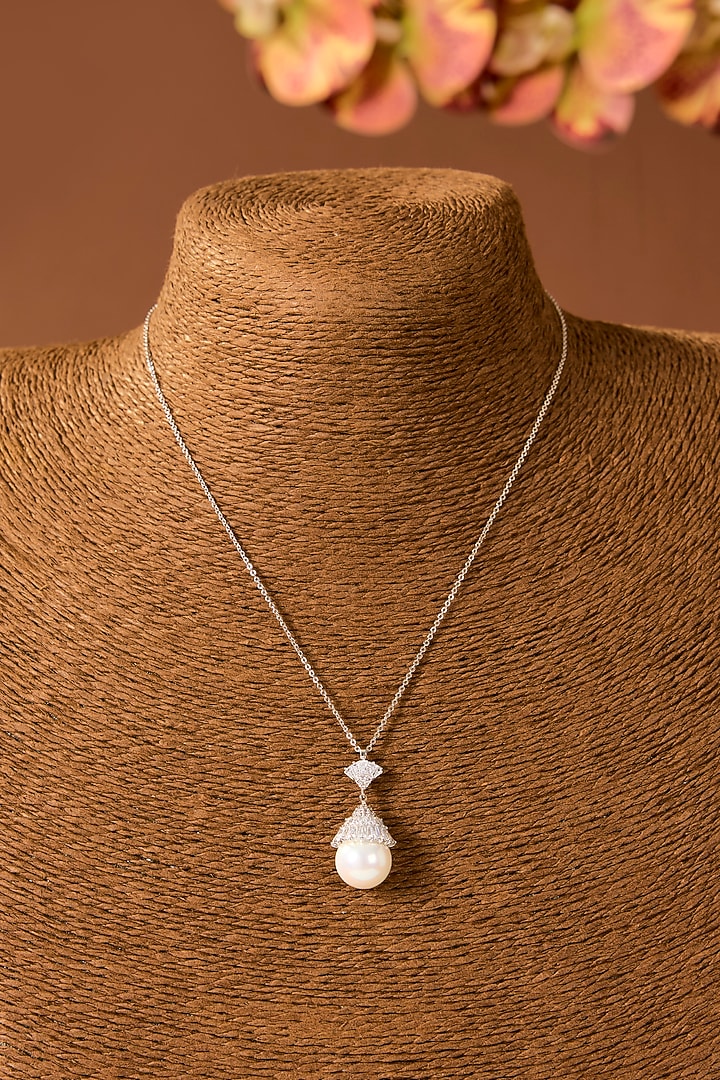 White Finish Pearl Pendant Necklace In Sterling Silver by STELLA CREATIONS at Pernia's Pop Up Shop