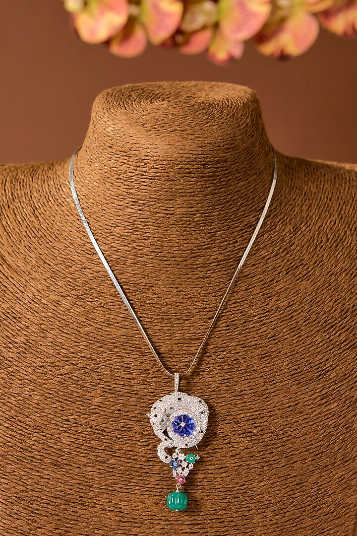 White Finish Zircon & Emerald Stone Necklace In Sterling Silver by STELLA CREATIONS at Pernia's Pop Up Shop