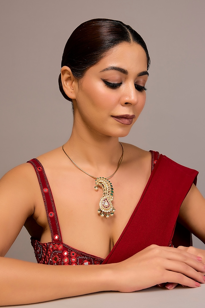 White Finish Green Kundan Polki Pendant Necklace In Sterling Silver by STELLA CREATIONS at Pernia's Pop Up Shop
