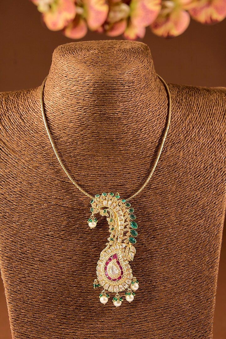 White Finish Green Kundan Polki Pendant Necklace In Sterling Silver by STELLA CREATIONS at Pernia's Pop Up Shop