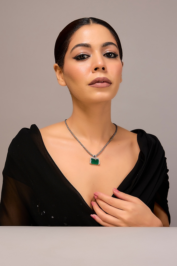 White Finish Green Stone & Zircon Pendant Necklace In Sterling Silver by STELLA CREATIONS at Pernia's Pop Up Shop