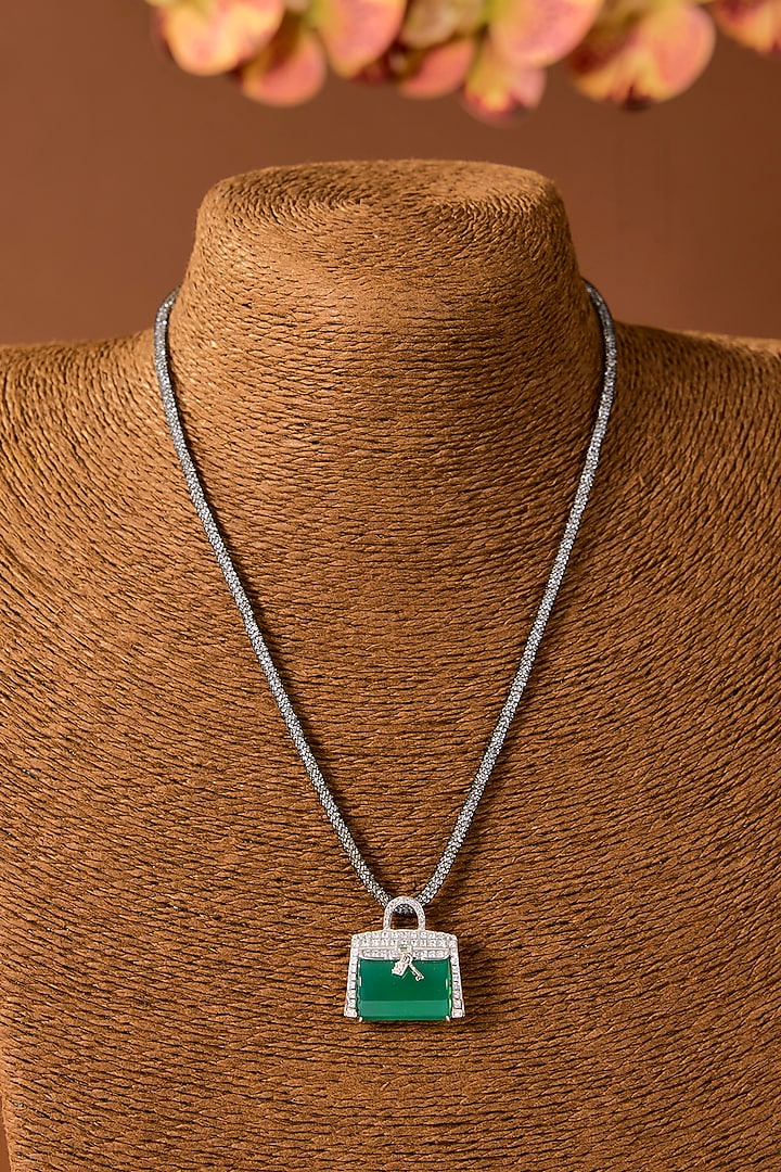 White Finish Green Stone & Zircon Pendant Necklace In Sterling Silver by STELLA CREATIONS at Pernia's Pop Up Shop