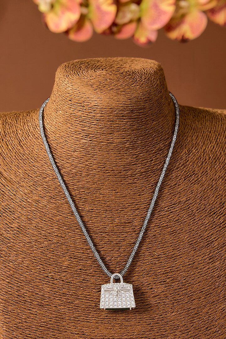 White Finish Green Stone & Zircon Pendant Necklace In Sterling Silver by STELLA CREATIONS at Pernia's Pop Up Shop