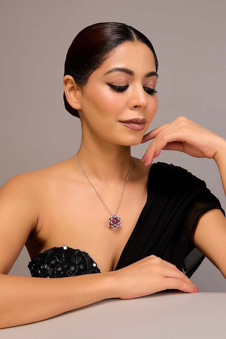 White Finish Ruby Stone & Zircon Pendant Necklace In Sterling Silver by STELLA CREATIONS at Pernia's Pop Up Shop