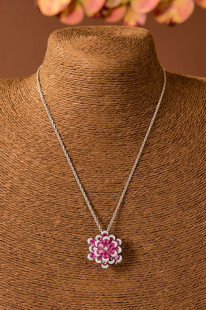White Finish Ruby Stone & Zircon Pendant Necklace In Sterling Silver by STELLA CREATIONS at Pernia's Pop Up Shop