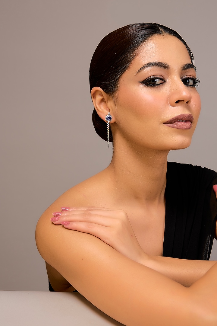 White Finish Zircon & Multi-Colored Stone Dangler Earrings In Sterling Silver by STELLA CREATIONS at Pernia's Pop Up Shop
