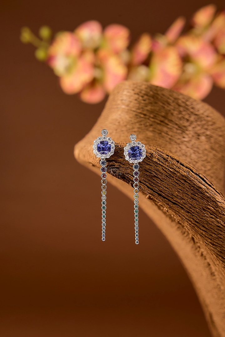 White Finish Zircon & Multi-Colored Stone Dangler Earrings In Sterling Silver by STELLA CREATIONS at Pernia's Pop Up Shop