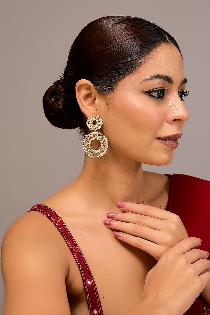 Gold Finish Zircon Dangler Earrings In Sterling Silver by STELLA CREATIONS at Pernia's Pop Up Shop