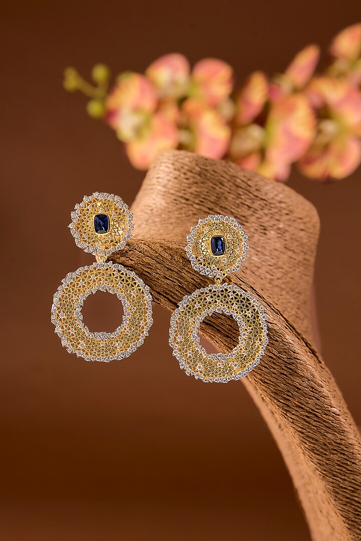Gold Finish Zircon Dangler Earrings In Sterling Silver by STELLA CREATIONS at Pernia's Pop Up Shop