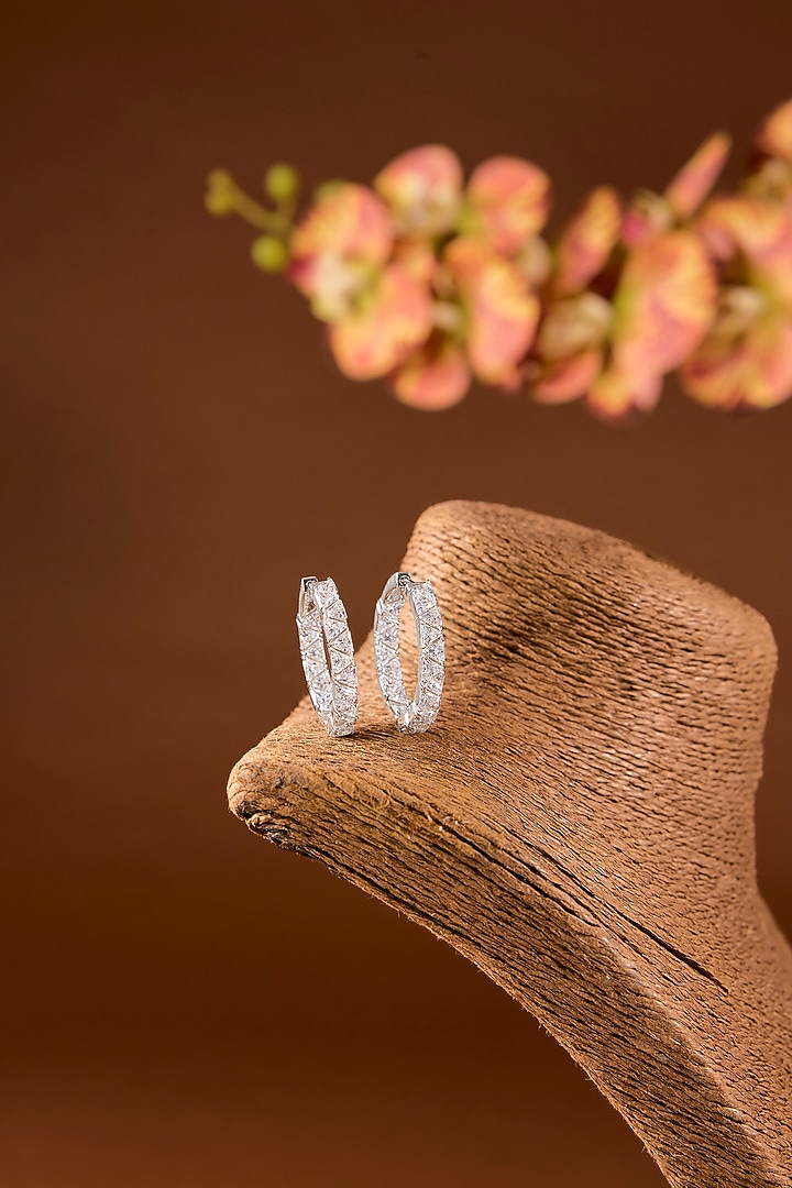 White Finish Zircon Hoop Earrings In Sterling Silver by STELLA CREATIONS at Pernia's Pop Up Shop