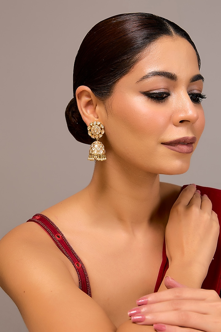 Gold Finish Kundan Polki Dangler Earrings In Sterling Silver by STELLA CREATIONS at Pernia's Pop Up Shop