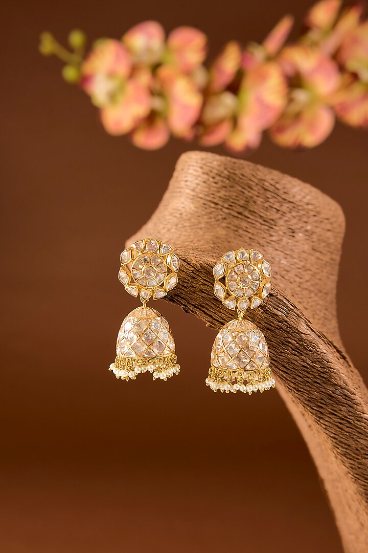 Gold Finish Kundan Polki Dangler Earrings In Sterling Silver by STELLA CREATIONS at Pernia's Pop Up Shop