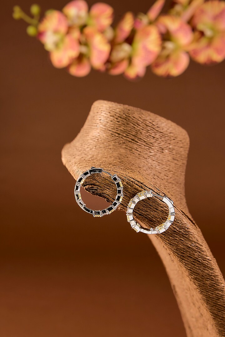 White Finish Zircon & Yellow Stone Hoop Earrings In Sterling Silver by STELLA CREATIONS at Pernia's Pop Up Shop