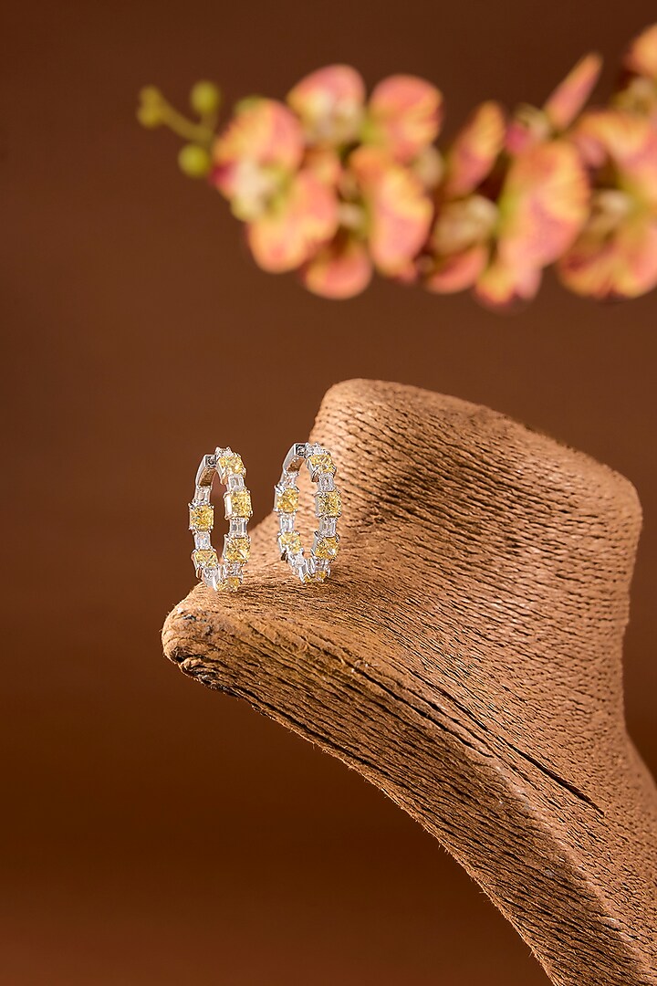 White Finish Zircon & Yellow Stone Hoop Earrings In Sterling Silver by STELLA CREATIONS at Pernia's Pop Up Shop