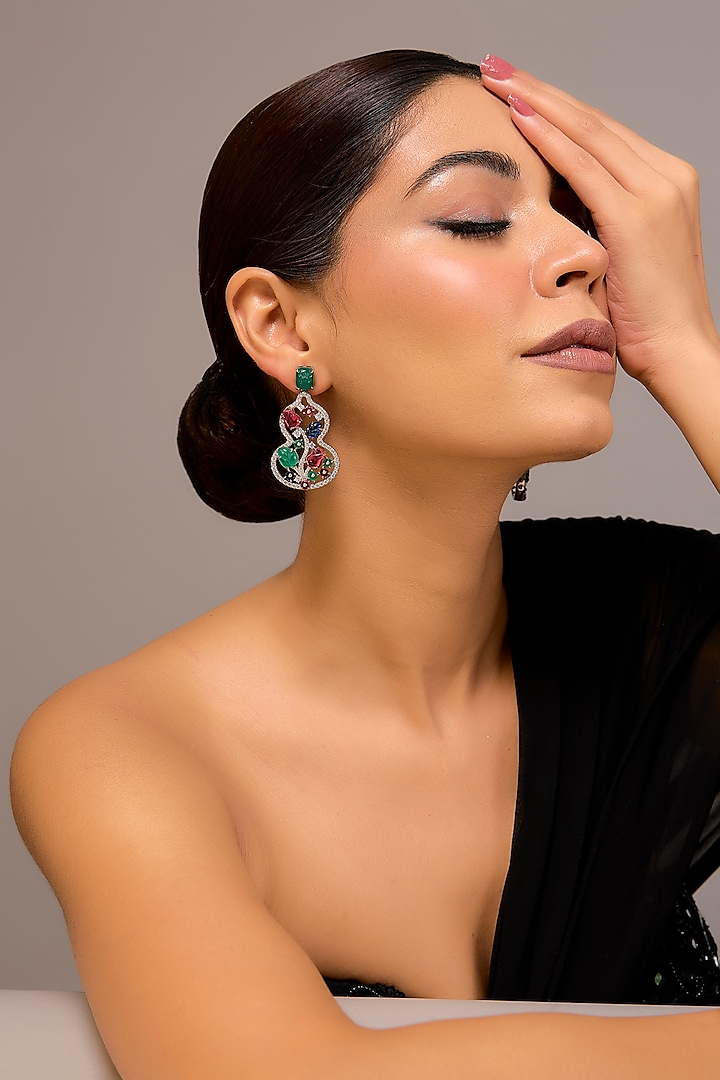 White Finish Zircon & Multi-Colored Stone Dangler Earrings In Sterling Silver by STELLA CREATIONS at Pernia's Pop Up Shop