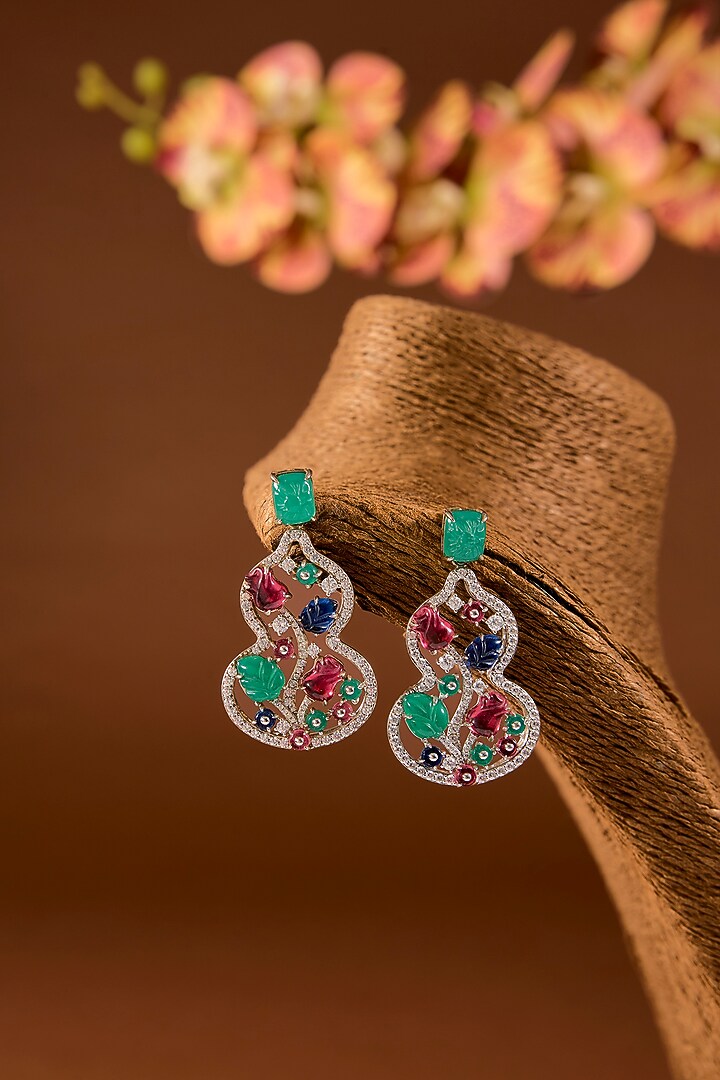 White Finish Zircon & Multi-Colored Stone Dangler Earrings In Sterling Silver by STELLA CREATIONS at Pernia's Pop Up Shop