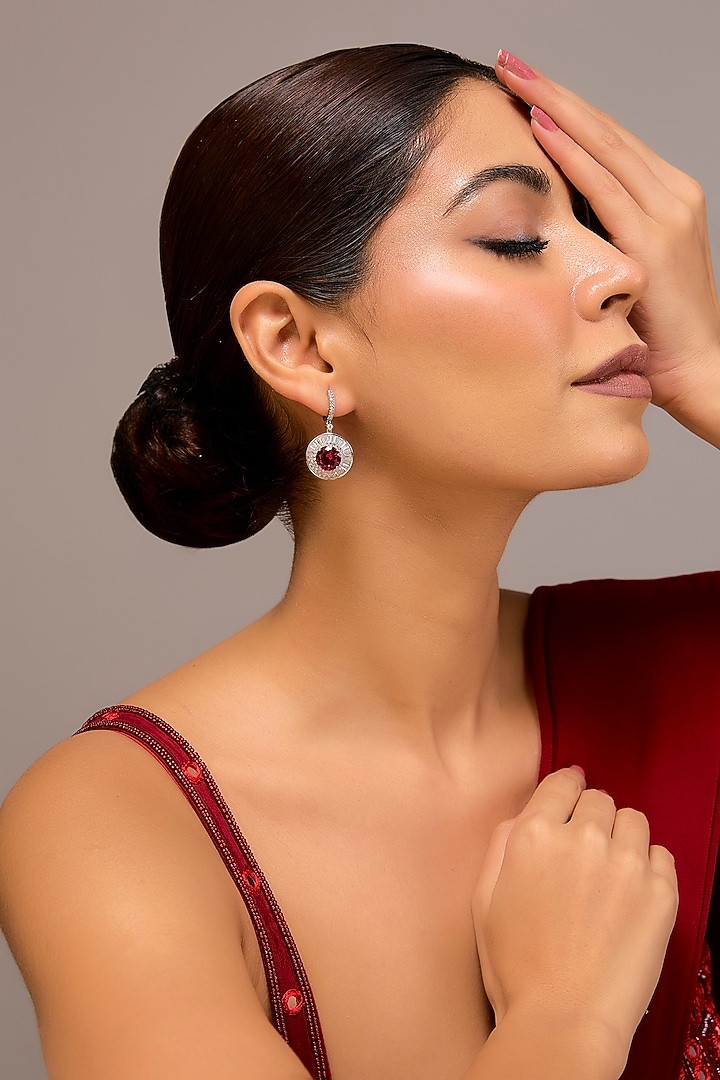 White Finish Zircon & Ruby Stone Stud Earrings In Sterling Silver by STELLA CREATIONS at Pernia's Pop Up Shop