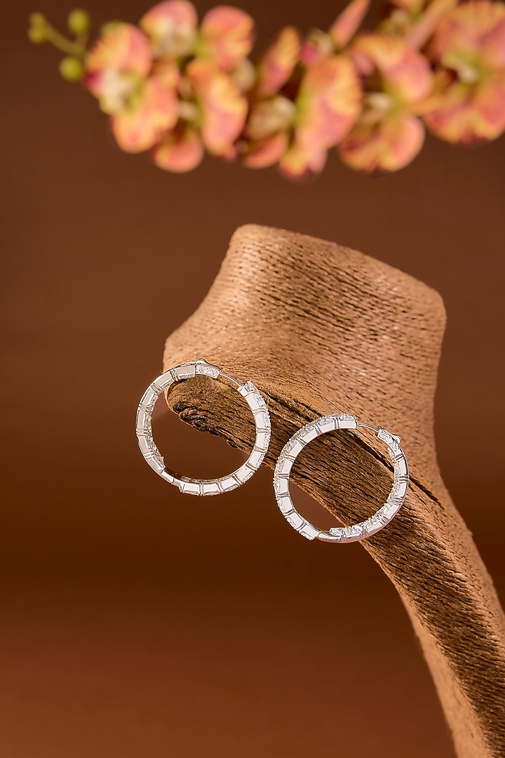 White Finish Zircon Hoop Earrings In Sterling Silver by STELLA CREATIONS at Pernia's Pop Up Shop