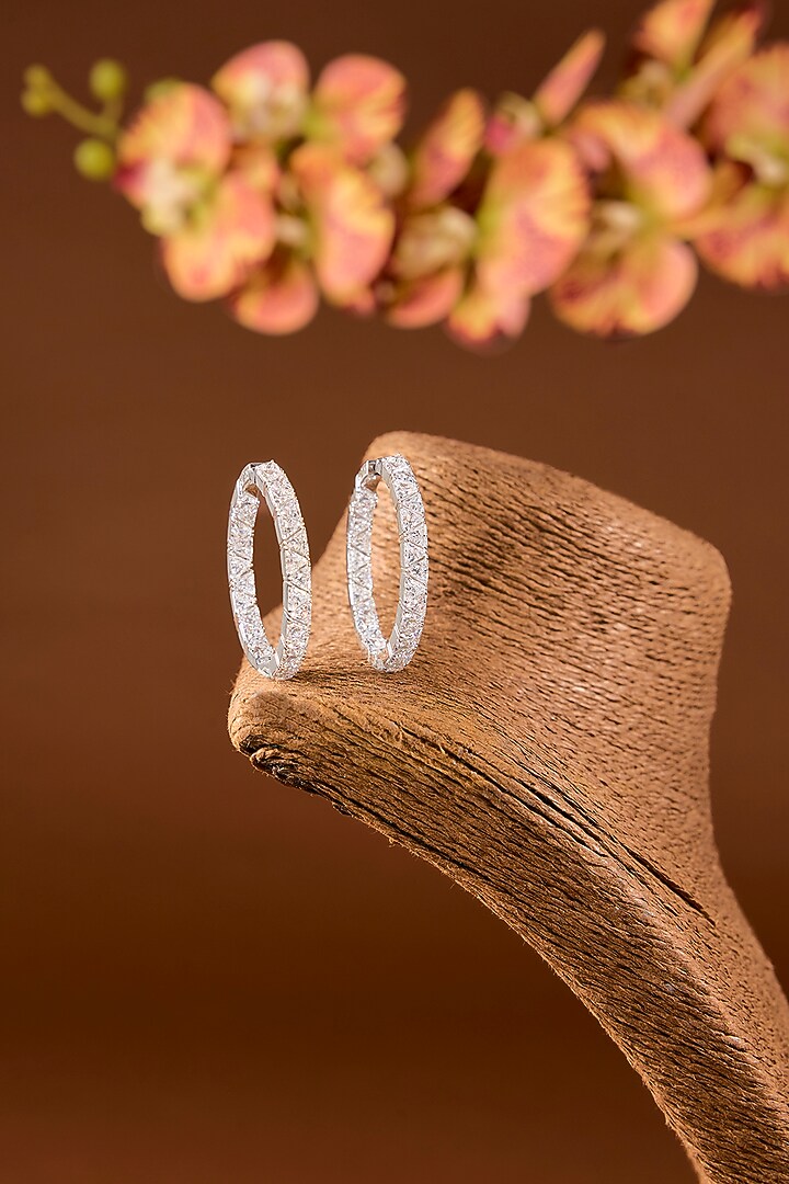 White Finish Zircon Hoop Earrings In Sterling Silver by STELLA CREATIONS at Pernia's Pop Up Shop