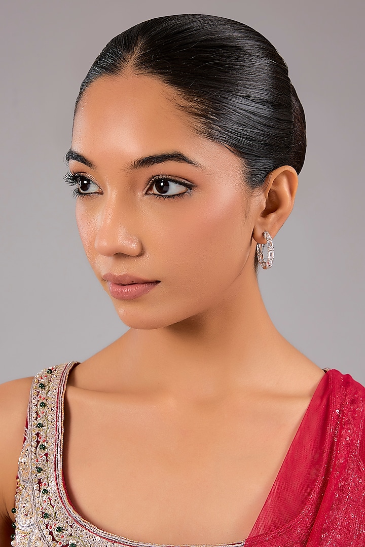 White Finish Zircon Hoop Earrings In Sterling Silver by STELLA CREATIONS at Pernia's Pop Up Shop