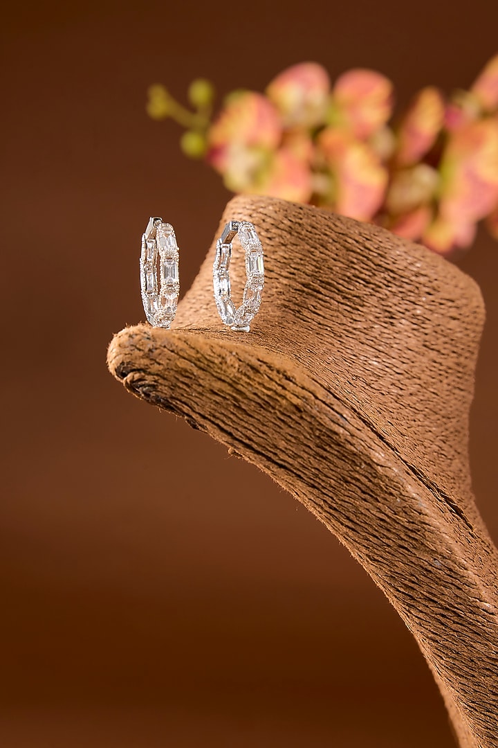 White Finish Zircon Hoop Earrings In Sterling Silver by STELLA CREATIONS at Pernia's Pop Up Shop