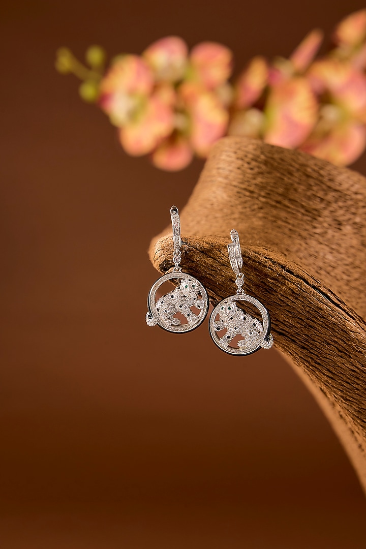White Finish Zircon Dangler Earrings In Sterling Silver by STELLA CREATIONS at Pernia's Pop Up Shop