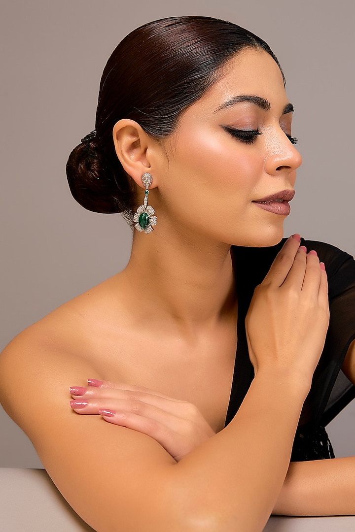 White Finish Zircon & Green Stone Dangler Earrings In Sterling Silver by STELLA CREATIONS at Pernia's Pop Up Shop