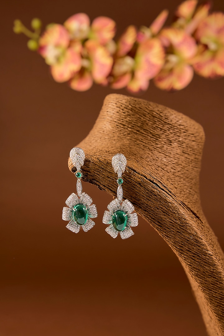 White Finish Zircon & Green Stone Dangler Earrings In Sterling Silver by STELLA CREATIONS at Pernia's Pop Up Shop