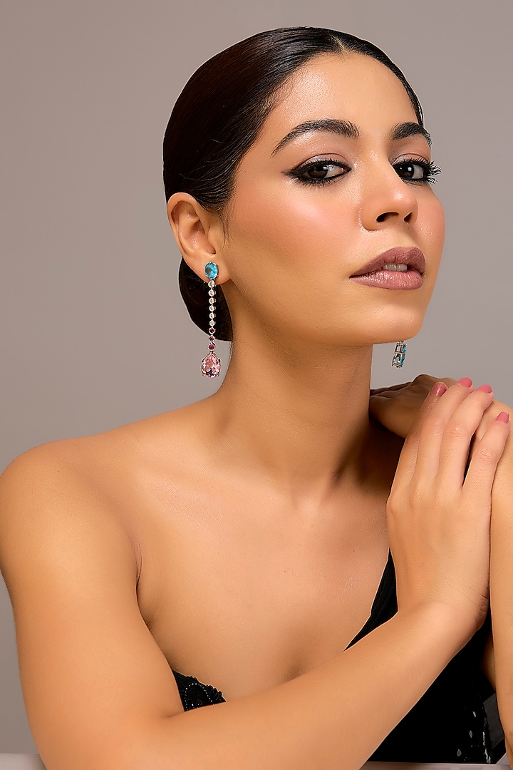 White Finish Zircon & Aqua Stone Dangler Earrings In Sterling Silver by STELLA CREATIONS at Pernia's Pop Up Shop