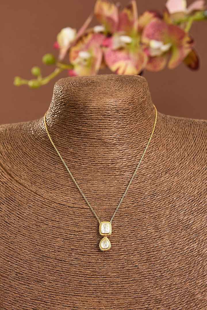 Yellow Gold Finish Moissanite Polki Pendant Chain Necklace In Sterling Silver by STELLA CREATIONS at Pernia's Pop Up Shop