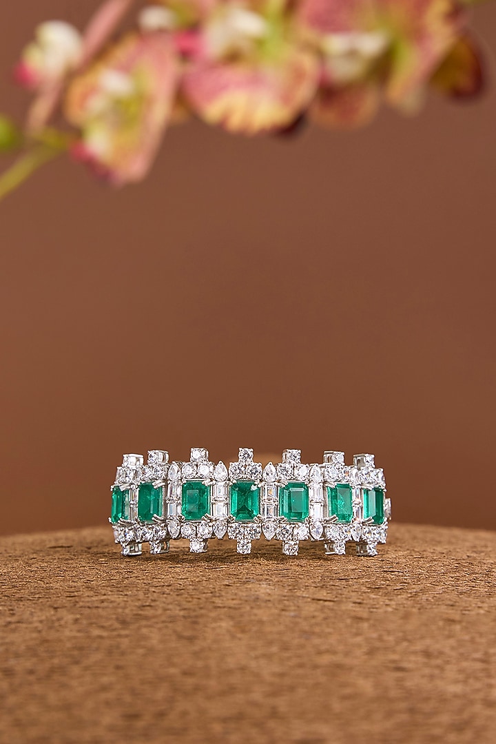 White Gold Finish Eurostar SwarovskI & Emerald Stone Openable Bracelet In Sterling Silver by STELLA CREATIONS at Pernia's Pop Up Shop