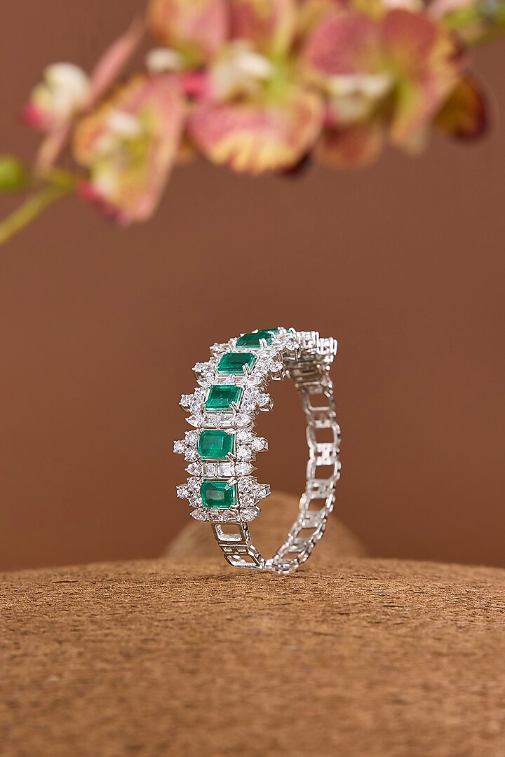 White Gold Finish Eurostar SwarovskI & Emerald Stone Openable Bracelet In Sterling Silver by STELLA CREATIONS at Pernia's Pop Up Shop