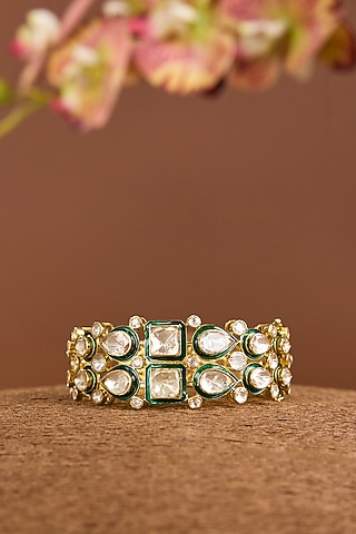 Yellow Gold Finish Moissanite Polki Openable Bracelet In Sterling Silver by STELLA CREATIONS