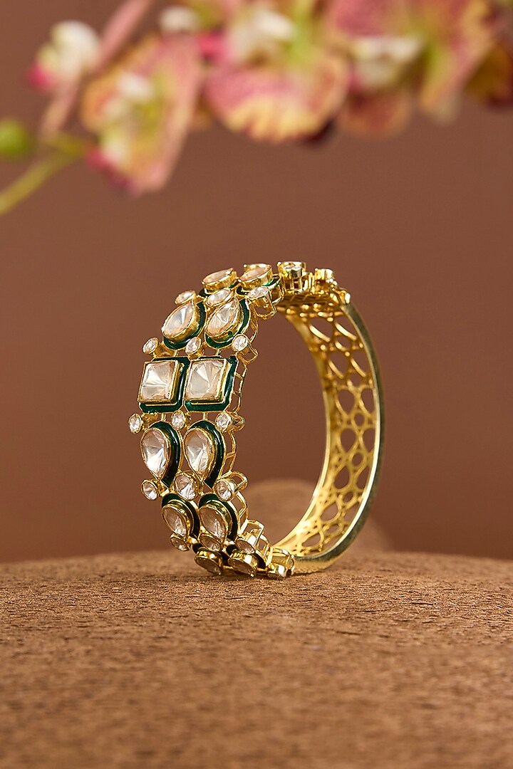 Yellow Gold Finish Moissanite Polki Openable Bracelet In Sterling Silver by STELLA CREATIONS at Pernia's Pop Up Shop