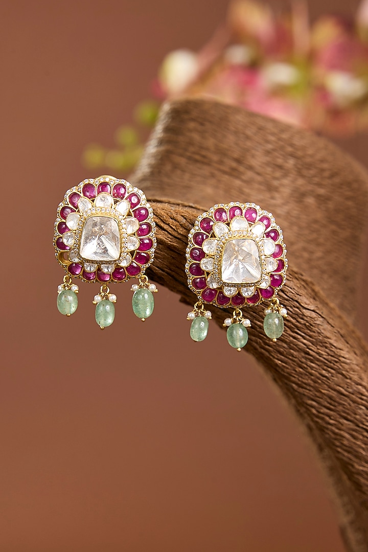 Yellow Gold Finish Moissanite Polki & Ruby Stone Stud Earrings In Sterling Silver by STELLA CREATIONS at Pernia's Pop Up Shop