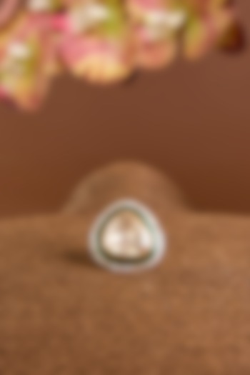 Yellow Gold Finish Moissanite Polki Green Enameled Adjustable Ring In Sterling Silver by STELLA CREATIONS at Pernia's Pop Up Shop