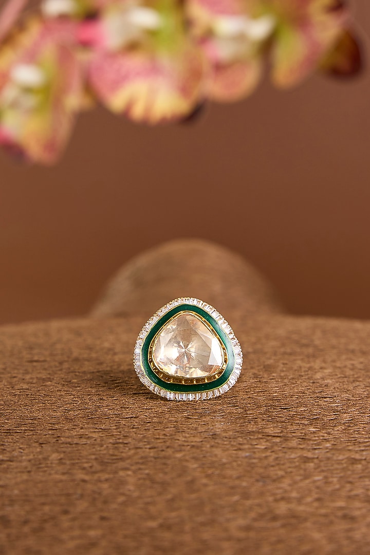 Yellow Gold Finish Moissanite Polki Green Enameled Adjustable Ring In Sterling Silver by STELLA CREATIONS at Pernia's Pop Up Shop