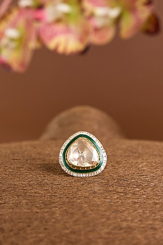 Yellow Gold Finish Moissanite Polki Green Enameled Adjustable Ring In Sterling Silver by STELLA CREATIONS