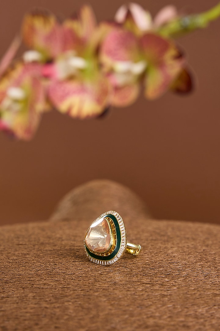 Yellow Gold Finish Moissanite Polki Green Enameled Adjustable Ring In Sterling Silver by STELLA CREATIONS at Pernia's Pop Up Shop