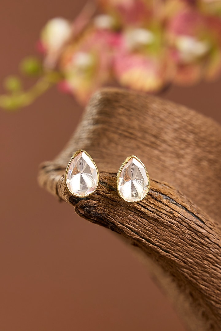 Yellow Gold Finish Moissanite Polki Stud Earrings In Sterling Silver by STELLA CREATIONS at Pernia's Pop Up Shop
