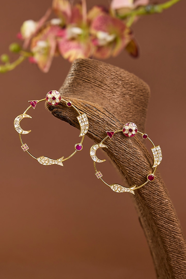 Yellow Gold Finish Moissanite Polki & Ruby Stone Hoop Earrings In Sterling Silver by STELLA CREATIONS at Pernia's Pop Up Shop