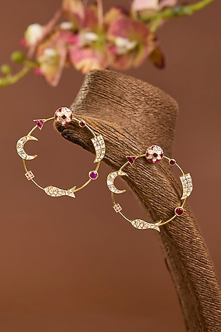 Yellow Gold Finish Moissanite Polki & Ruby Stone Hoop Earrings In Sterling Silver by STELLA CREATIONS