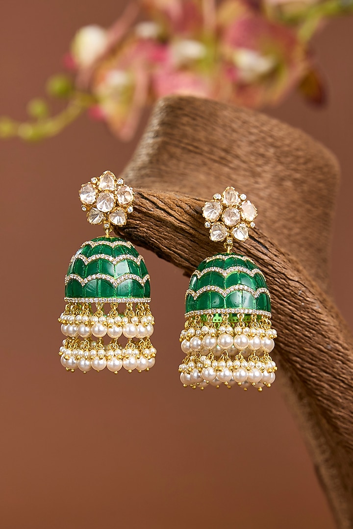 Yellow Gold Finish Moissanite Polki & Emerald Stone Jhumka Earrings In Sterling Silver by STELLA CREATIONS at Pernia's Pop Up Shop