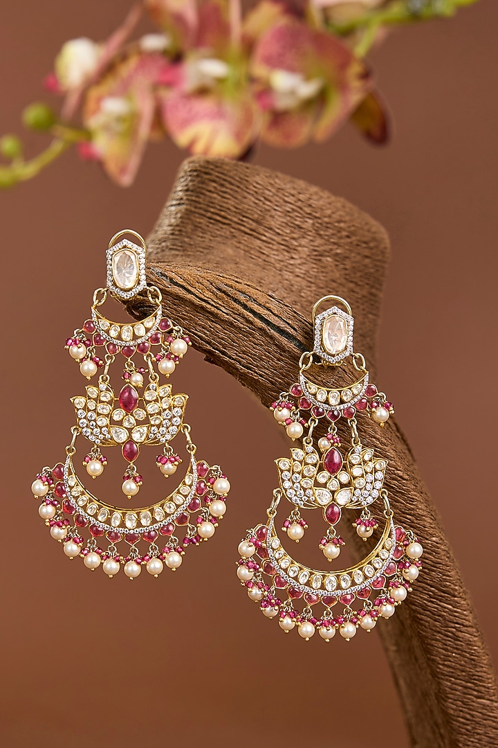 Yellow Gold Finish Moissanite Polki & Ruby Stone Chandbali Earrings In Sterling Silver by STELLA CREATIONS at Pernia's Pop Up Shop