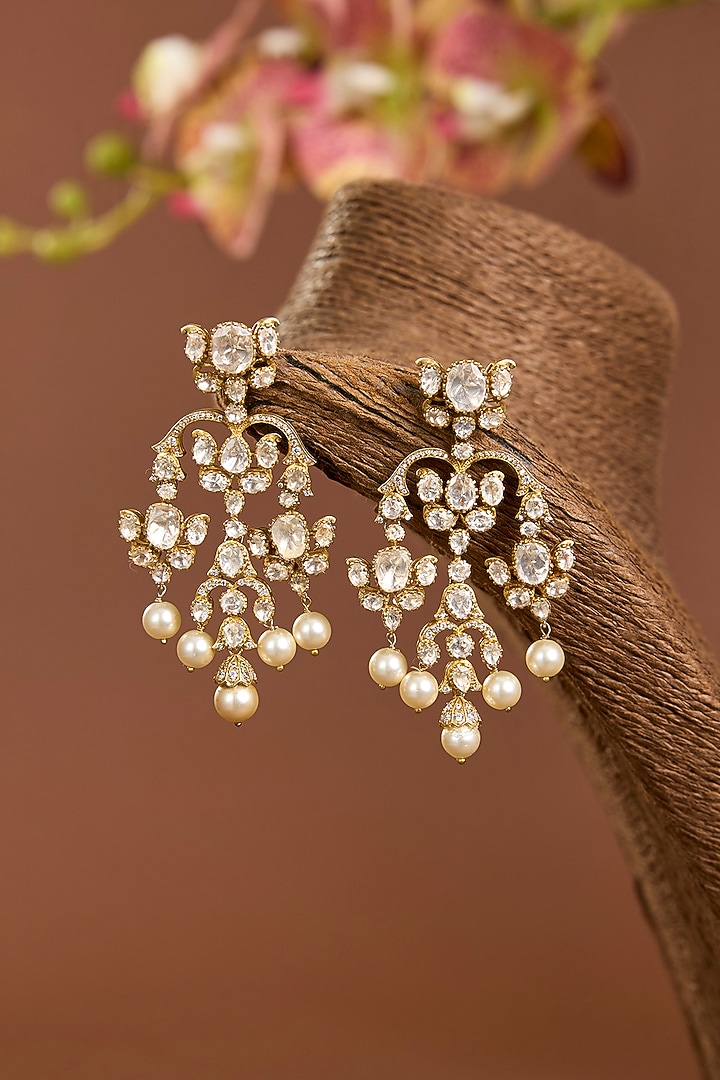 Yellow Gold Finish Moissanite Polki & Shell Pearl Dangler Earrings In Sterling Silver by STELLA CREATIONS at Pernia's Pop Up Shop