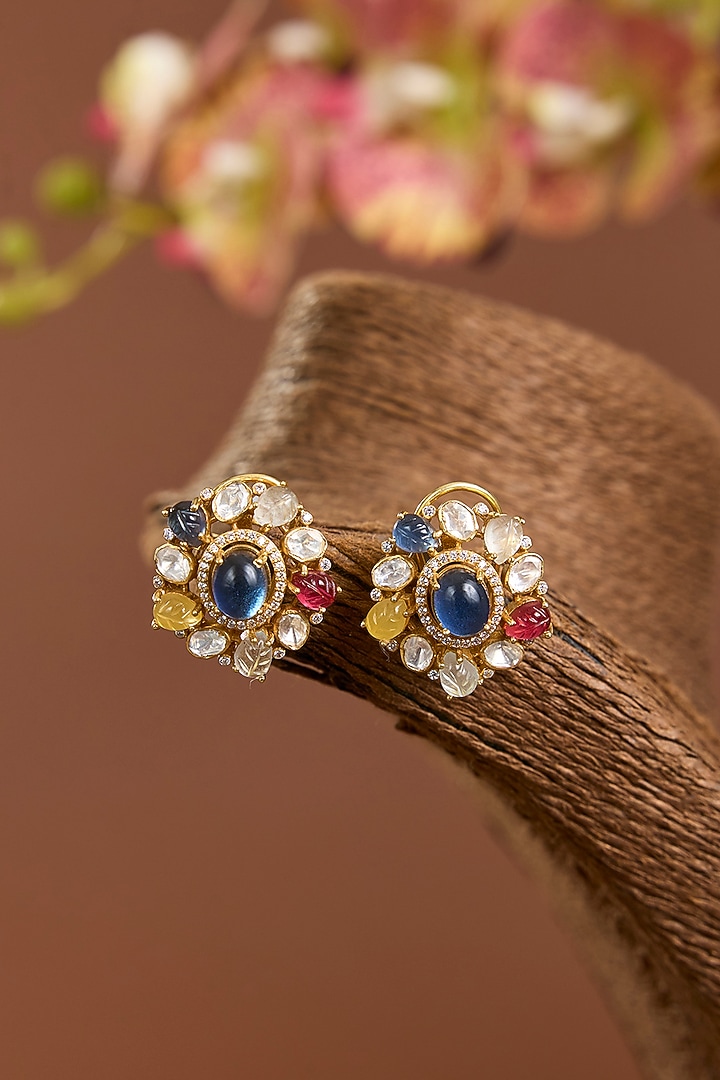 Yellow Gold Finish Moissanite Polki & Navratna Stone Stud Earrings In Sterling Silver by STELLA CREATIONS at Pernia's Pop Up Shop