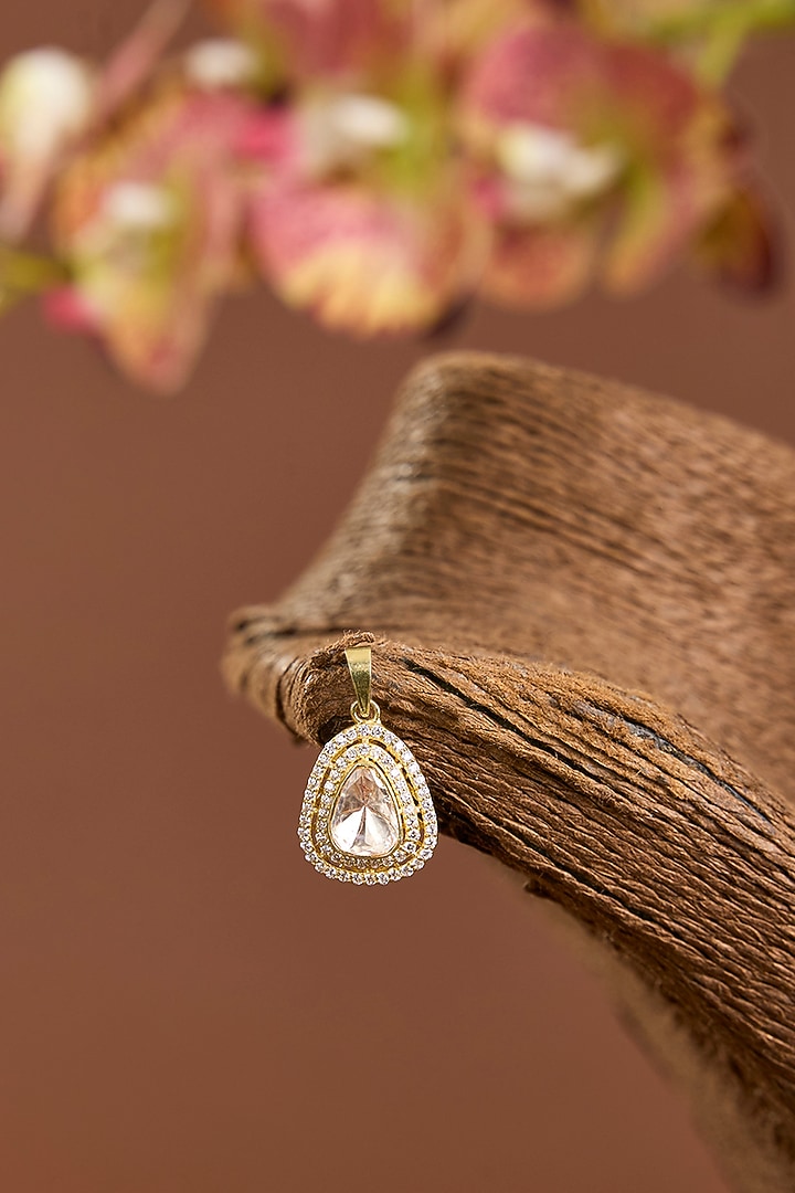 Yellow Gold Finish Moissanite Polki & Eurostar Swarovski Pendant In Sterling Silver by STELLA CREATIONS at Pernia's Pop Up Shop